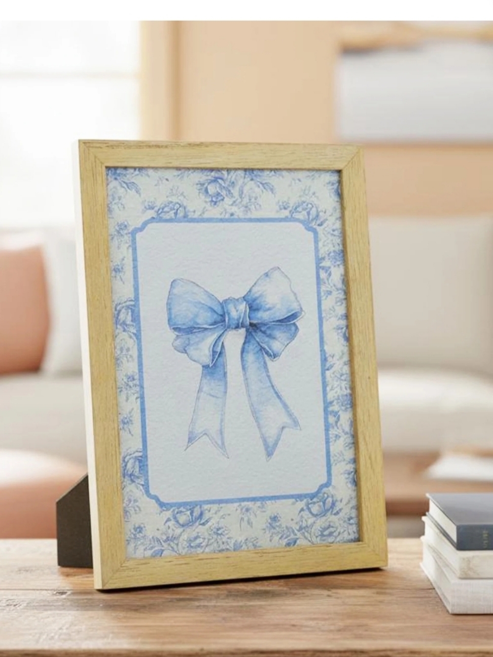 Light Wood Picture Frame with Blue Bow Art